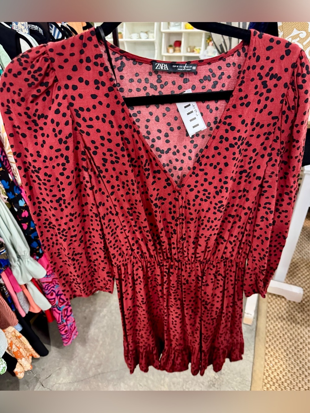 ZARA Red with Black Spot V-Neck Gathered Waist Dress